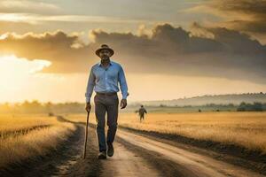 a man walking down a dirt road with a cane. AI-Generated photo