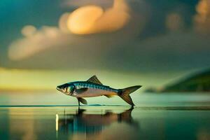 un pescado es en pie en el playa con un puesta de sol en el antecedentes. generado por ai foto