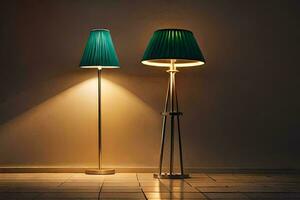 dos lamparas son iluminado arriba en un habitación. generado por ai foto