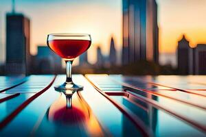 un vaso de rojo vino en un mesa en frente de un ciudad horizonte. generado por ai foto