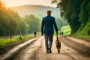 un hombre caminando su perro abajo un suciedad la carretera. generado por ai foto