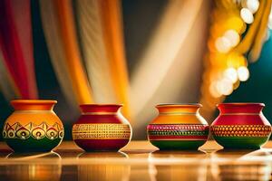 three colorful pots on a table with a bright background. AI-Generated photo
