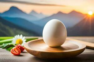 huevo en un de madera plato con montañas en el antecedentes. generado por ai foto
