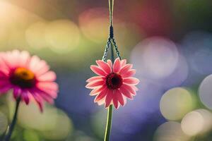 two pink flowers are hanging from a string. AI-Generated photo