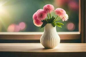 pink flowers in a vase on a table in front of a window. AI-Generated photo