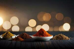 spices in bowls on a table with bokeh. AI-Generated photo