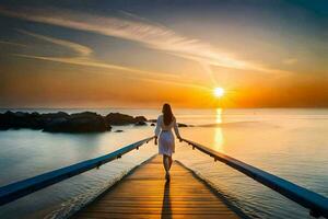 un mujer caminando en un de madera puente terminado el Oceano a puesta de sol. generado por ai foto