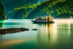 un barco flotante en el agua cerca montañas. generado por ai foto