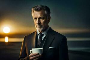 a man in a suit holding a coffee cup. AI-Generated photo
