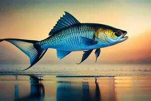 a fish is jumping out of the water at sunset. AI-Generated photo