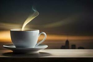 a cup of coffee on a table with a city in the background. AI-Generated photo