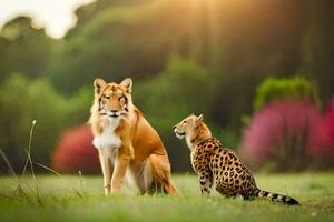 un leopardo y un leopardo son sentado en el césped. generado por ai foto