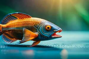 un pescado con un grande boca y un brillante azul antecedentes. generado por ai foto