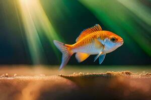 un pequeño pescado es en pie en el suelo. generado por ai foto