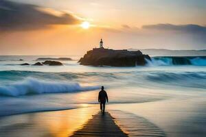 un hombre camina a lo largo un playa a puesta de sol. generado por ai foto