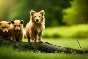 three puppies standing on a log in the grass. AI-Generated photo