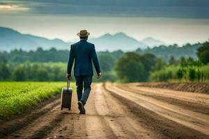 man walking on a dirt road with suitcase. AI-Generated photo