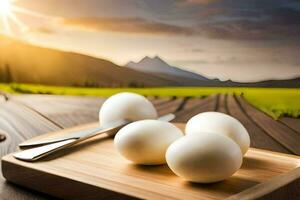 huevos en un de madera tablero con un cuchillo y tenedor. generado por ai foto