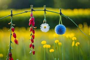 a field of flowers with a hanging flower. AI-Generated photo