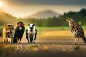 a group of animals walking on a road. AI-Generated photo