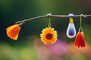 three colorful flowers hang from a branch. AI-Generated photo