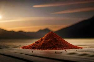 a pile of red powder on a wooden table. AI-Generated photo