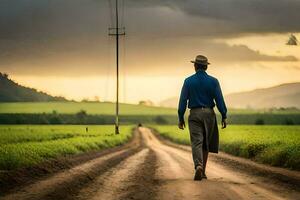 a man walking down a dirt road in a field. AI-Generated photo