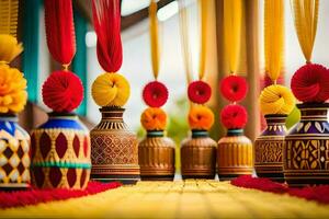 a table with colorful vases and red and yellow ribbons. AI-Generated photo