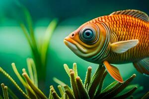 an orange fish with big eyes is standing on top of a plant. AI-Generated photo