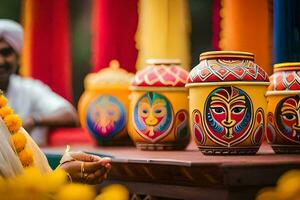 a woman in a turban is holding a candle in front of colorful pots. AI-Generated photo