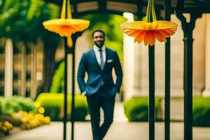 a man in a suit walks under a canopy of orange flowers. AI-Generated photo