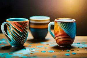 three colorful coffee cups on a wooden table. AI-Generated photo