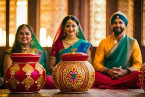 a couple and their friends pose for a photo in front of colorful pots. AI-Generated