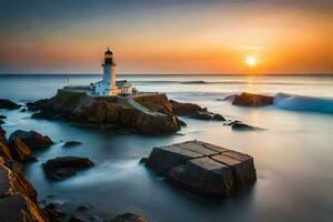 the sun sets over a lighthouse on the rocks. AI-Generated photo