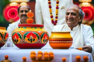 a man in white is sitting next to two colorful pots. AI-Generated photo