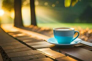 a cup of coffee on a wooden bench. AI-Generated photo