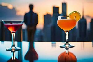 two glasses of cocktails on a table with a man in the background. AI-Generated photo