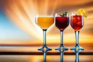three glasses of different drinks on a table. AI-Generated photo