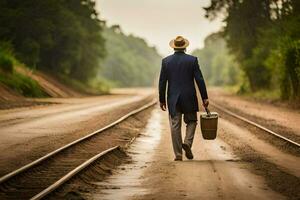 a man in a suit and hat walking down a railroad track. AI-Generated photo