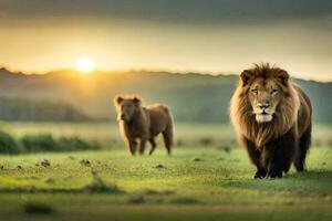 dos leones caminando en el césped a puesta de sol. generado por ai foto