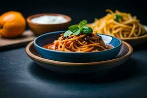 spaghetti with tomato sauce in a blue bowl. AI-Generated photo