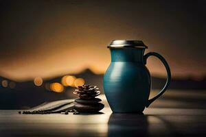 a blue coffee pot and a pine cone on a table. AI-Generated photo