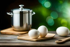 eggs on a wooden table with a pot and spoon. AI-Generated photo