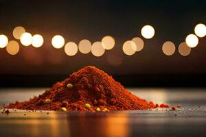 a pile of red powder on a table with lights in the background. AI-Generated photo