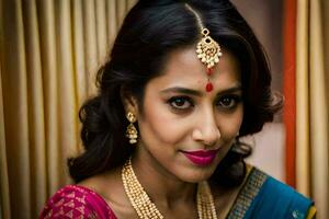 a woman in a sari with gold jewelry and a red lipstick. AI-Generated photo