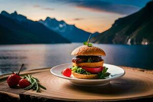 a hamburger on a plate with a view of mountains. AI-Generated photo