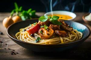 spaghetti with meat and vegetables in a bowl. AI-Generated photo