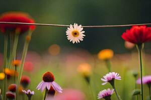 a daisy is hanging from a wire in a field. AI-Generated photo