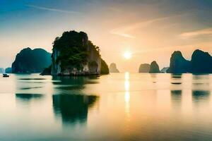 el Dom conjuntos terminado el agua en halong bahía, Vietnam. generado por ai foto