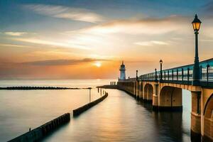 a bridge over the water with a lighthouse in the background. AI-Generated photo